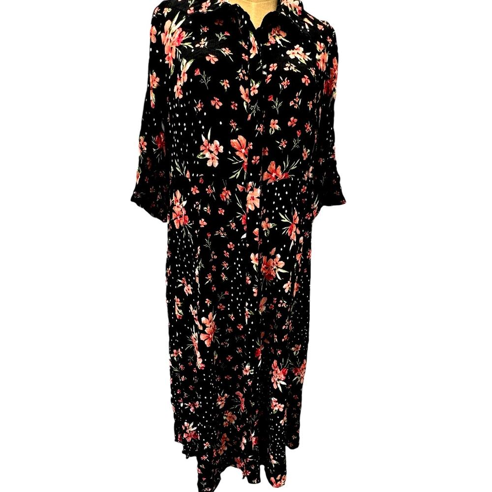 Button Down Black Floral Dress,Flowing,Pixie Goth,‎ Grunge, Fairy Goth,Roomy